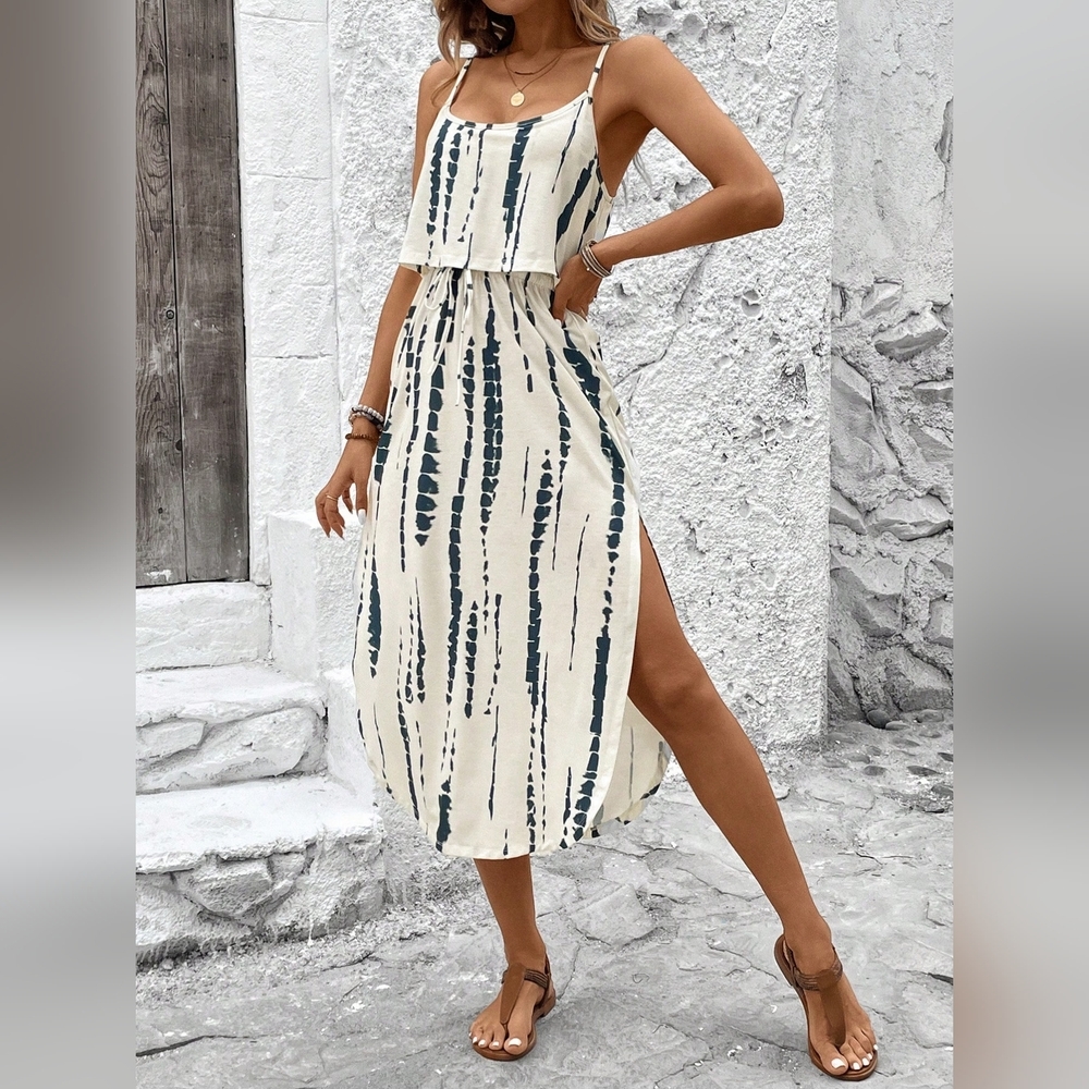 Women's Summer Skin-Friendly Tie-Dye Spaghetti Strap Dress With Waist Belt - Picture 5 of 6